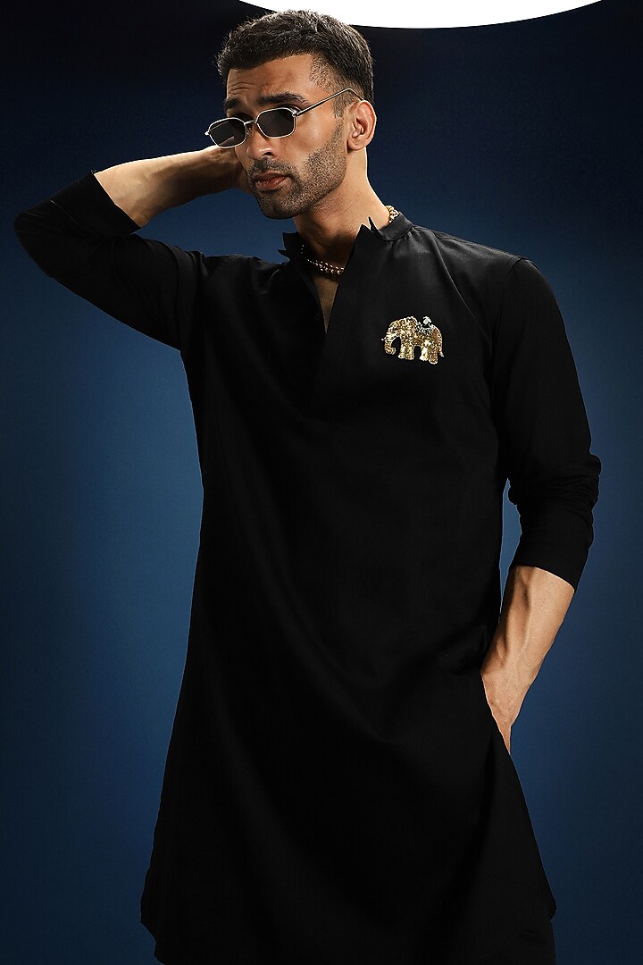 Black Cotton & Satin Kurta by Komal Kothari at Pernia's Pop Up Shop