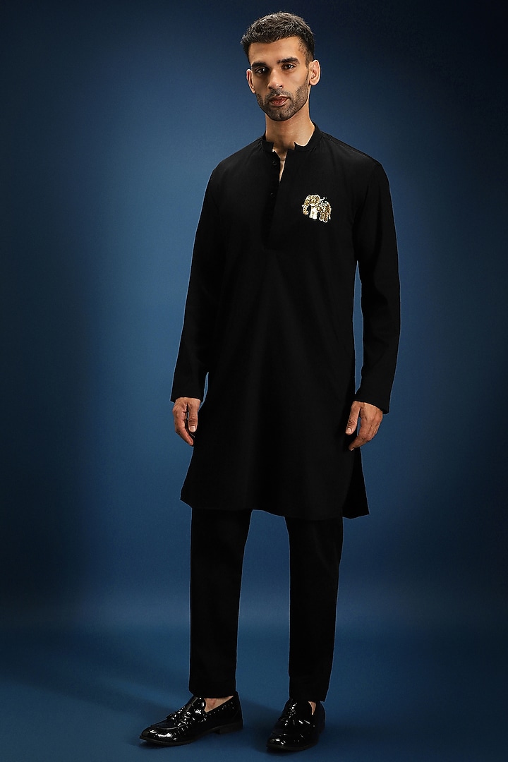 Black Cotton & Satin Kurta by Komal Kothari at Pernia's Pop Up Shop