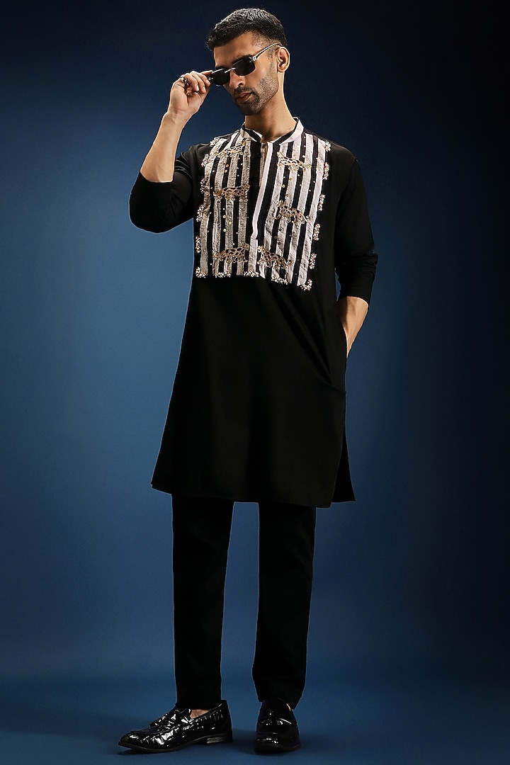 Black Cotton & Satin Kurta by Komal Kothari at Pernia's Pop Up Shop