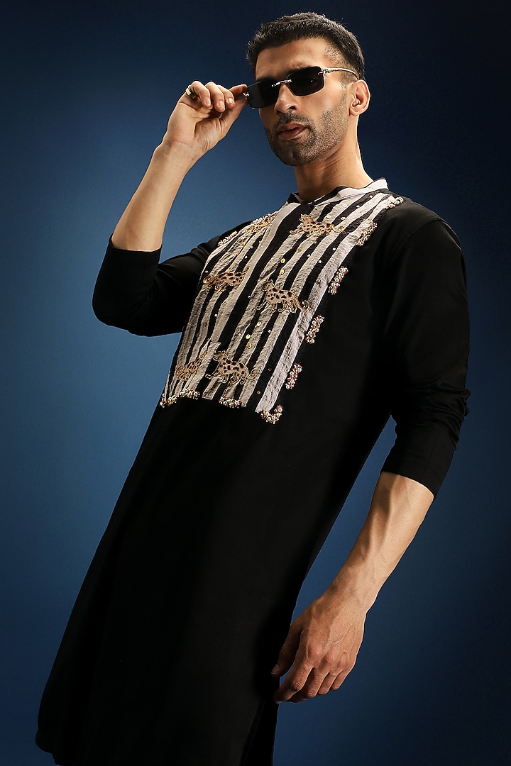 Black Cotton & Satin Kurta by Komal Kothari at Pernia's Pop Up Shop