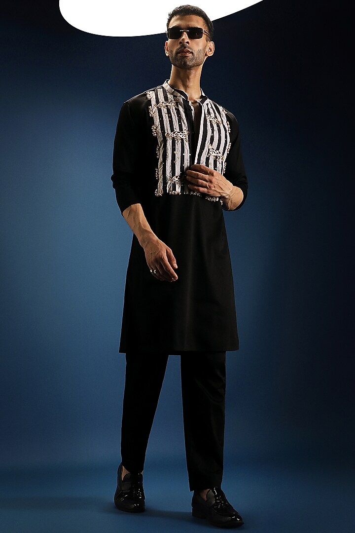 Black Cotton & Satin Kurta by Komal Kothari at Pernia's Pop Up Shop