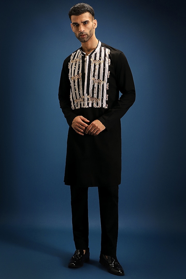 Black Cotton & Satin Kurta by Komal Kothari at Pernia's Pop Up Shop