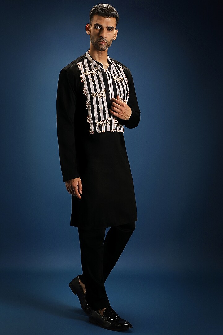 Black Cotton & Satin Kurta by Komal Kothari at Pernia's Pop Up Shop