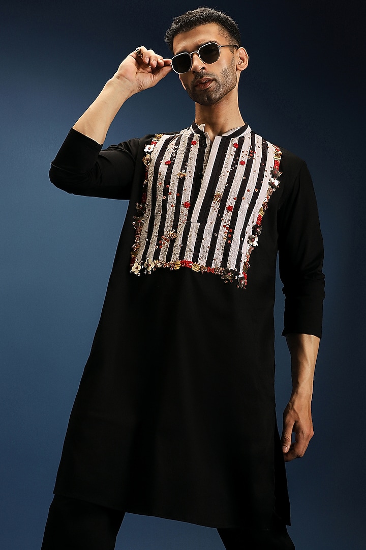 Black Cotton & Satin Kurta by Komal Kothari at Pernia's Pop Up Shop