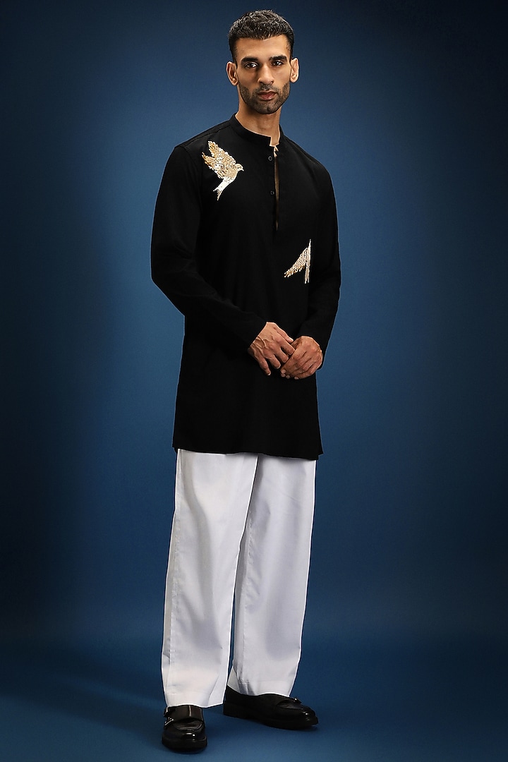Black Cotton & Satin Hand Embroidered Kurta Set by Komal Kothari at Pernia's Pop Up Shop