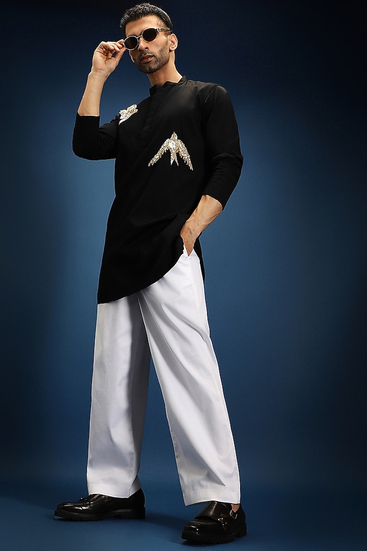 Black Cotton & Satin Hand Embroidered Kurta Set by Komal Kothari at Pernia's Pop Up Shop