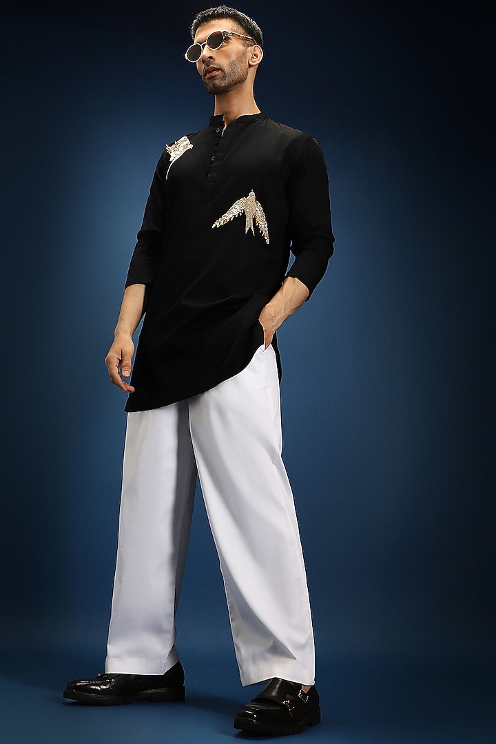 Black Cotton & Satin Hand Embroidered Kurta Set by Komal Kothari at Pernia's Pop Up Shop