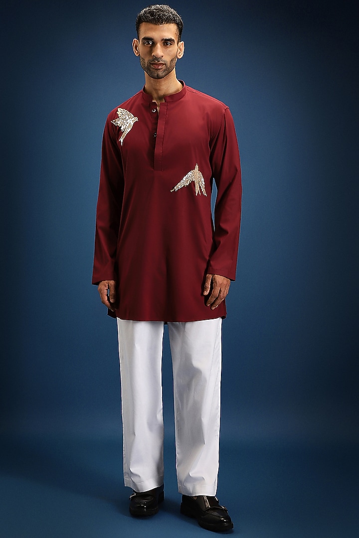 Burgundy Cotton & Satin Hand Embroidered Kurta Set by Komal Kothari at Pernia's Pop Up Shop