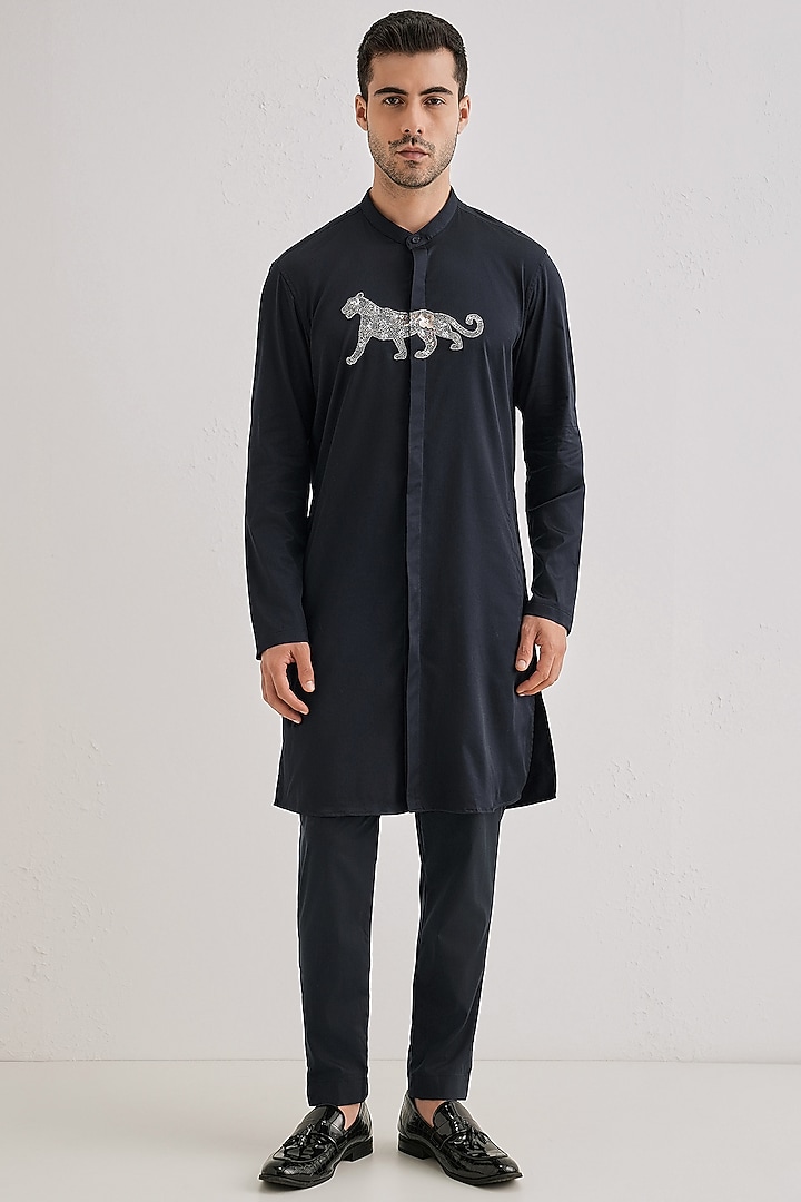 Navy Cotton & Satin Hand Embroidered Kurta Set by Komal Kothari at Pernia's Pop Up Shop