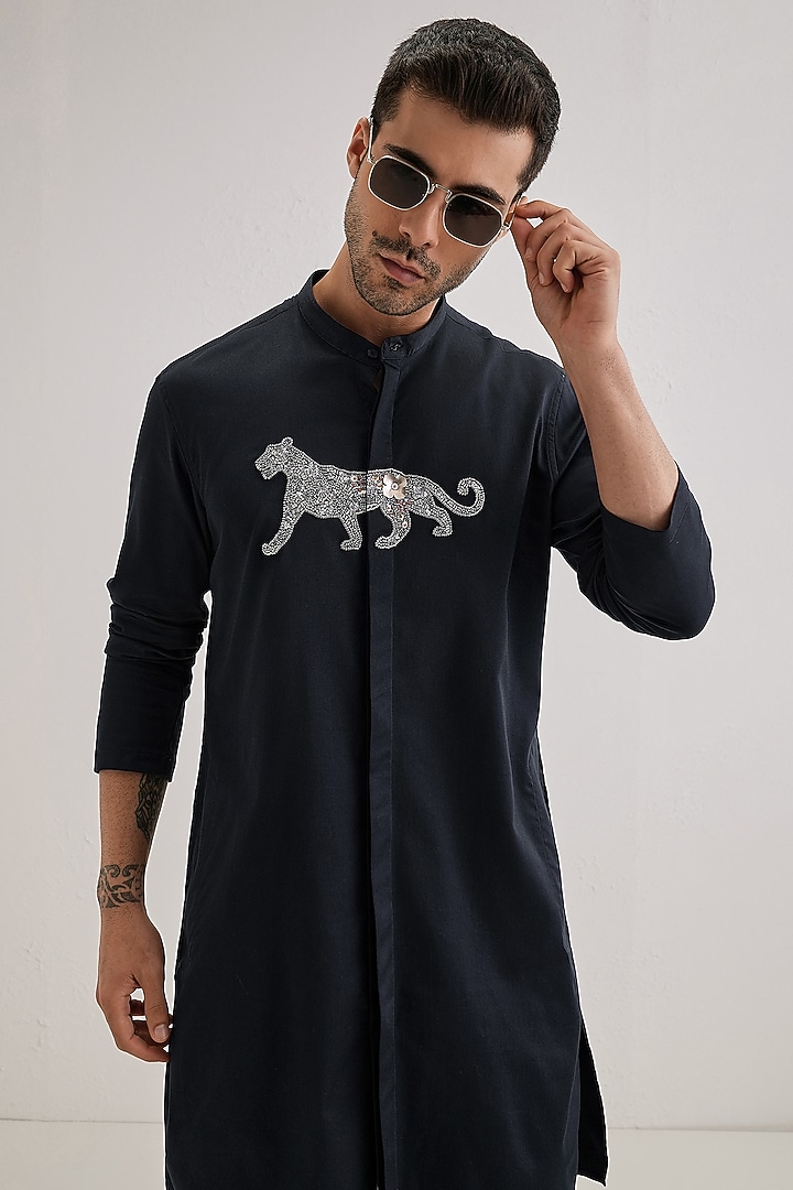 Navy Cotton & Satin Hand Embroidered Kurta Set by Komal Kothari at Pernia's Pop Up Shop