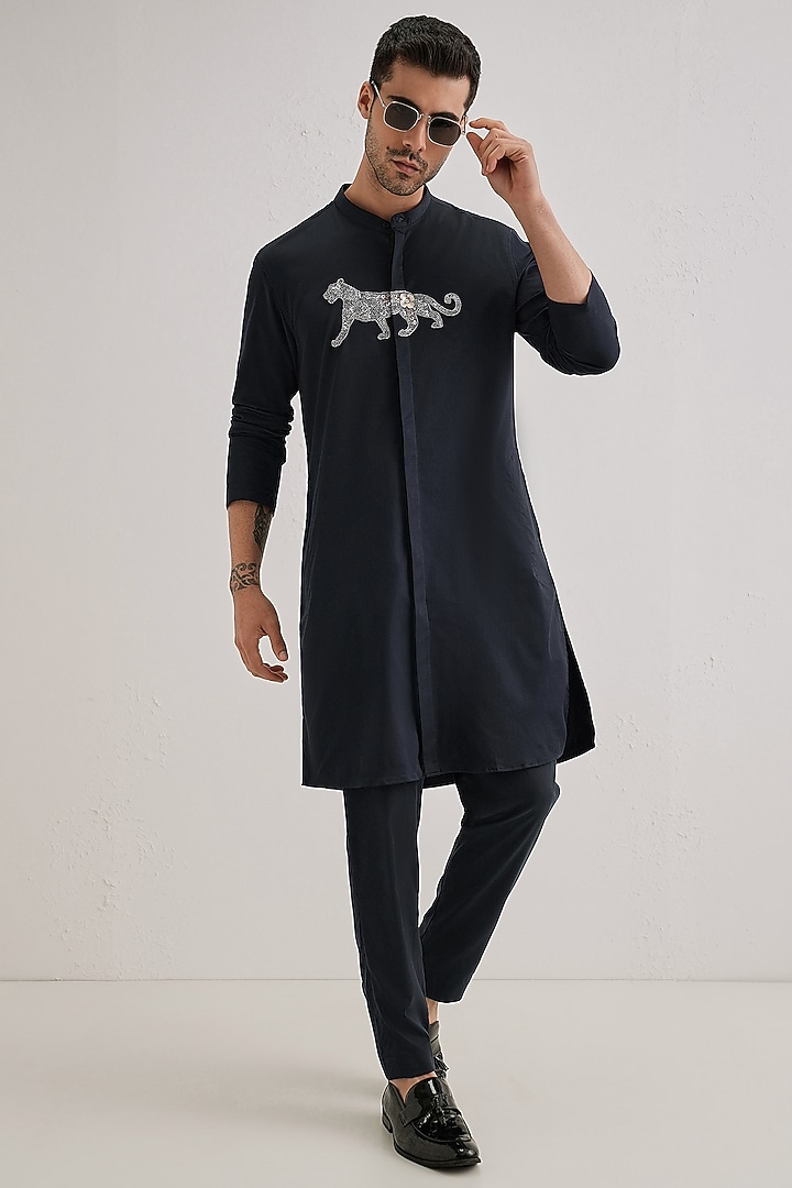 Navy Cotton & Satin Hand Embroidered Kurta Set by Komal Kothari at Pernia's Pop Up Shop