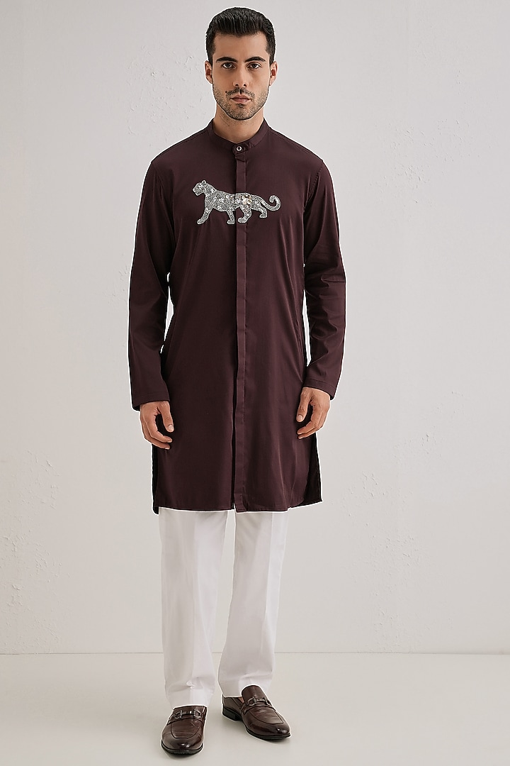 Wine Cotton & Satin Hand Embroidered Kurta Set by Komal Kothari at Pernia's Pop Up Shop