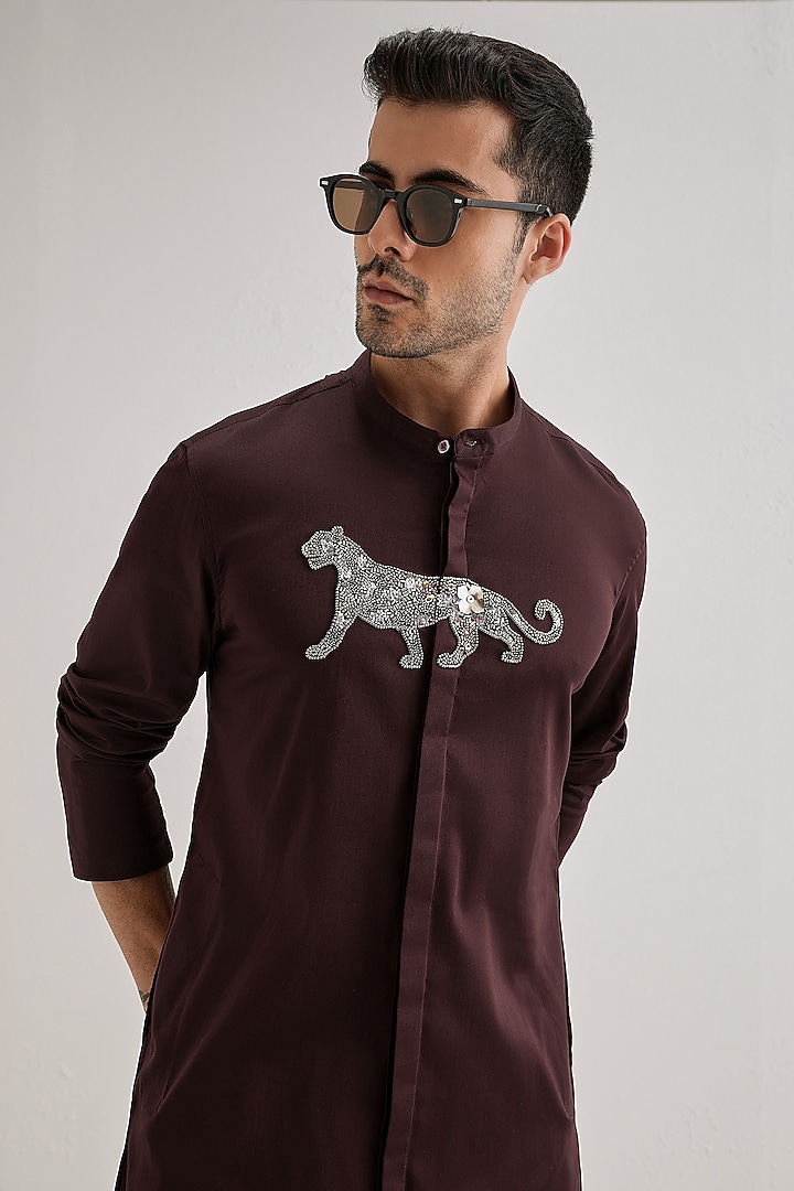 Wine Cotton & Satin Hand Embroidered Kurta Set by Komal Kothari at Pernia's Pop Up Shop