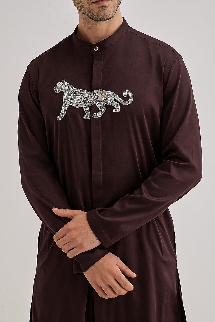 Wine Cotton & Satin Hand Embroidered Kurta Set by Komal Kothari at Pernia's Pop Up Shop