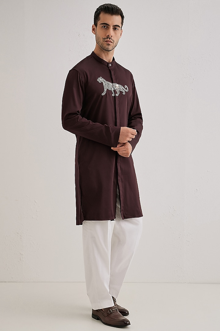 Wine Cotton & Satin Hand Embroidered Kurta Set by Komal Kothari at Pernia's Pop Up Shop