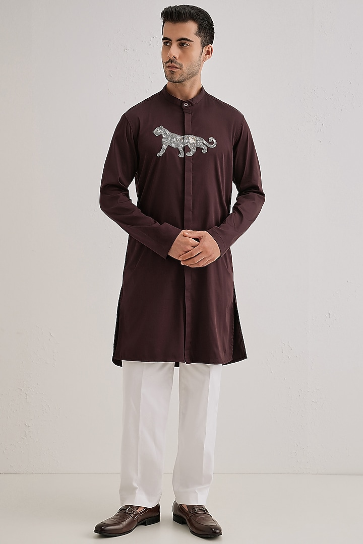 Wine Cotton & Satin Hand Embroidered Kurta Set by Komal Kothari at Pernia's Pop Up Shop
