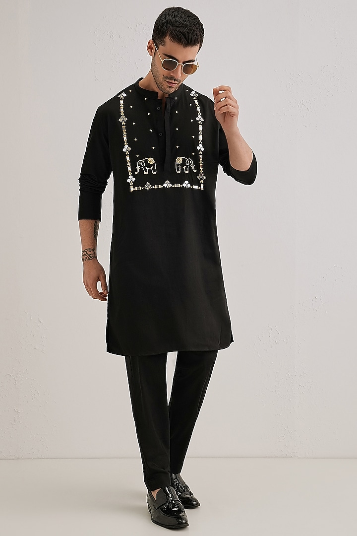 Black Cotton & Satin Hand Embroidered Kurta Set by Komal Kothari at Pernia's Pop Up Shop