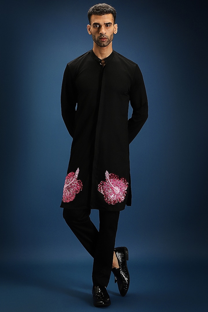 Black Cotton & Satin Hand Embroidered Kurta Set by Komal Kothari at Pernia's Pop Up Shop
