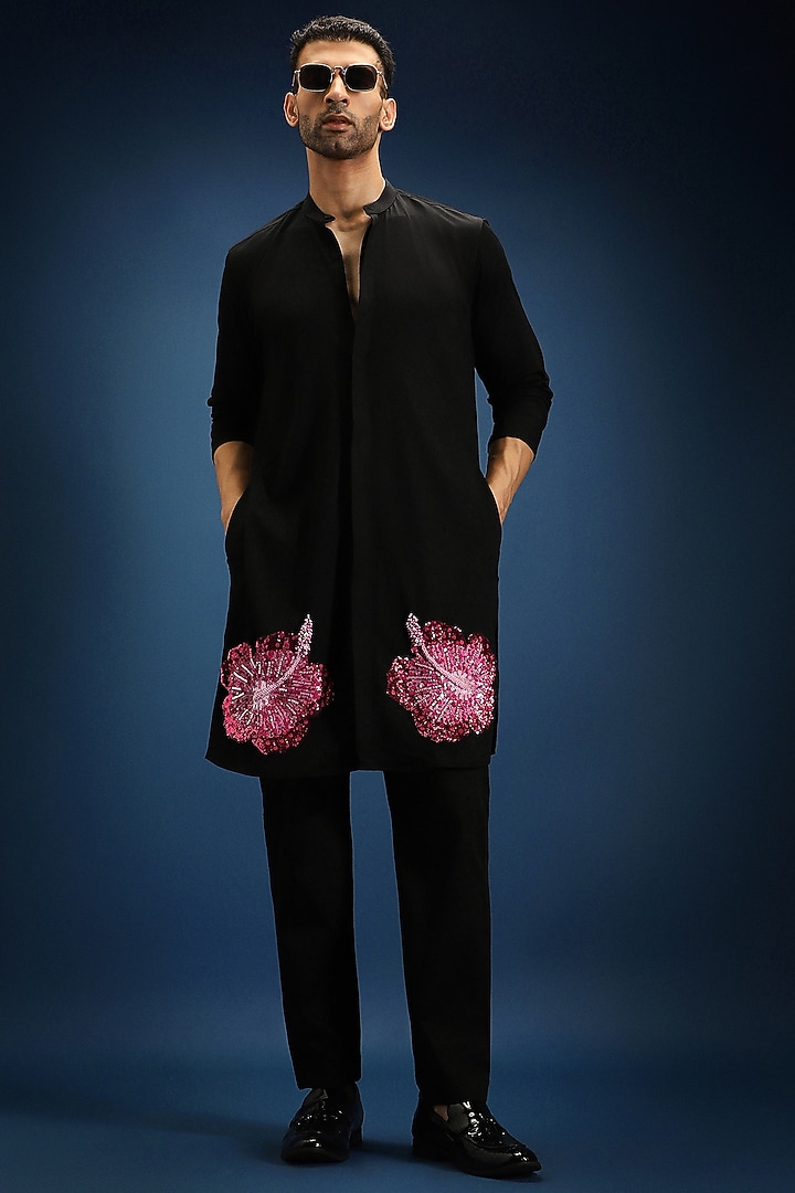 Black Cotton & Satin Hand Embroidered Kurta Set by Komal Kothari at Pernia's Pop Up Shop