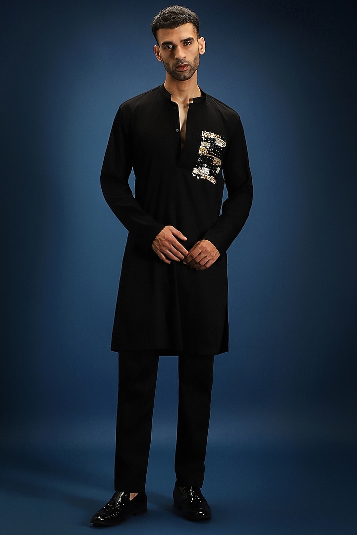 Black Cotton & Satin Hand Embroidered Kurta Set by Komal Kothari at Pernia's Pop Up Shop