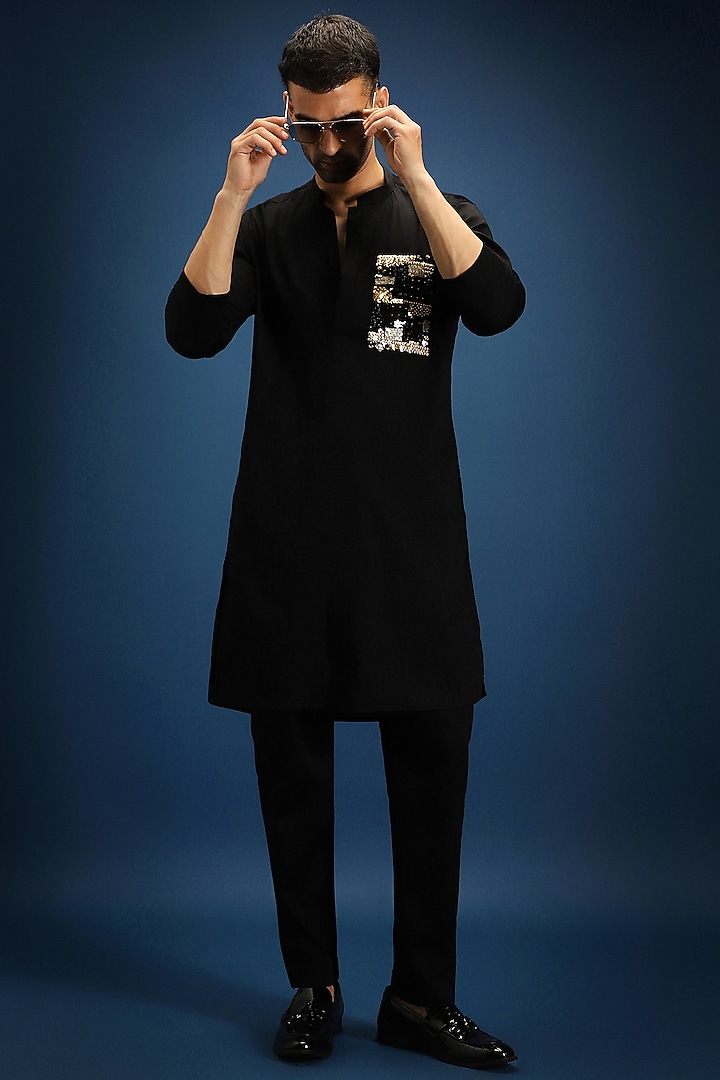 Black Cotton & Satin Hand Embroidered Kurta Set by Komal Kothari at Pernia's Pop Up Shop