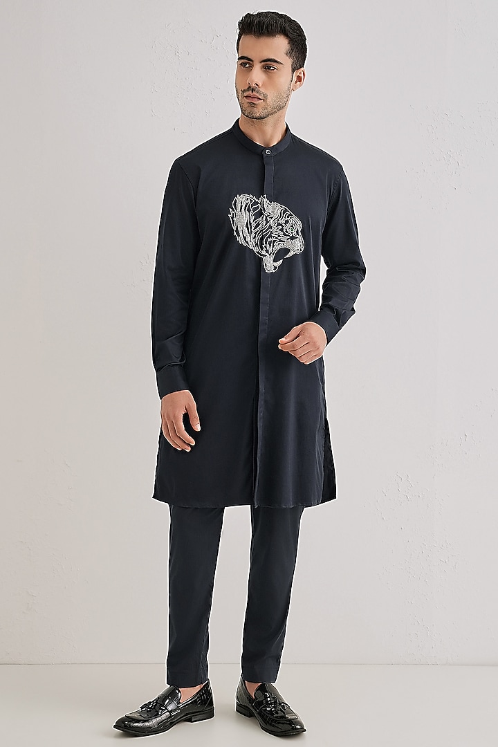 Navy Cotton & Satin Hand Embroidered Kurta by Komal Kothari at Pernia's Pop Up Shop