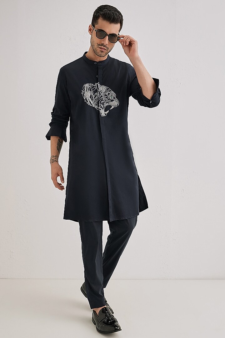 Navy Cotton & Satin Hand Embroidered Kurta by Komal Kothari at Pernia's Pop Up Shop