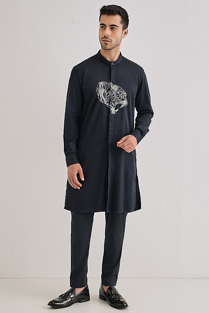 Navy Cotton & Satin Hand Embroidered Kurta Set by Komal Kothari at Pernia's Pop Up Shop