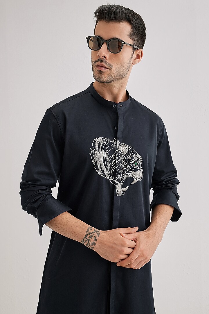 Navy Cotton & Satin Hand Embroidered Kurta Set by Komal Kothari at Pernia's Pop Up Shop