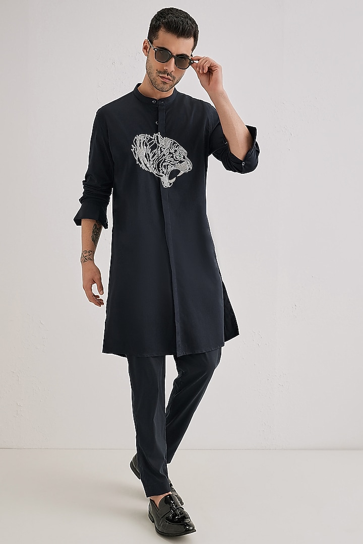 Navy Cotton & Satin Hand Embroidered Kurta Set by Komal Kothari at Pernia's Pop Up Shop