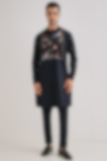 Navy Cotton & Satin Hand Embroidered Kurta by Komal Kothari at Pernia's Pop Up Shop
