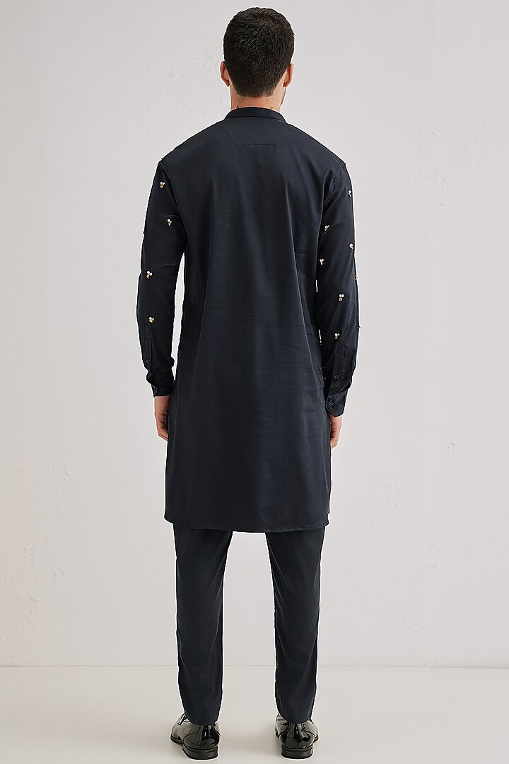 Navy Cotton & Satin Hand Embroidered Kurta by Komal Kothari at Pernia's Pop Up Shop