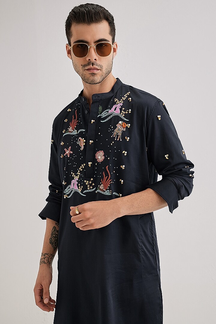 Navy Cotton & Satin Hand Embroidered Kurta by Komal Kothari at Pernia's Pop Up Shop