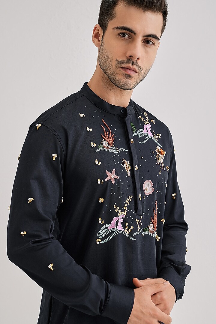 Navy Cotton & Satin Hand Embroidered Kurta by Komal Kothari at Pernia's Pop Up Shop
