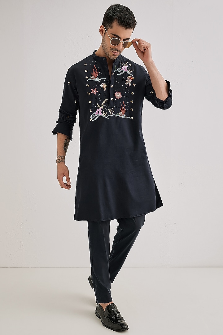 Navy Cotton & Satin Hand Embroidered Kurta by Komal Kothari at Pernia's Pop Up Shop