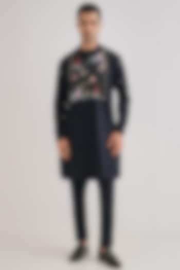 Navy Cotton & Satin Hand Embroidered Kurta Set by Komal Kothari at Pernia's Pop Up Shop