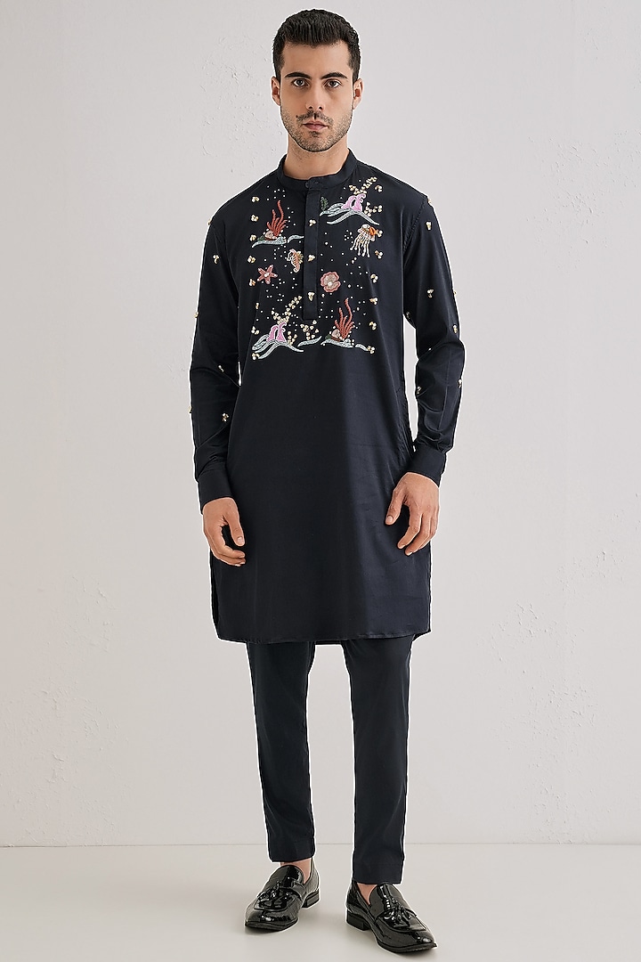 Navy Cotton & Satin Hand Embroidered Kurta Set by Komal Kothari at Pernia's Pop Up Shop