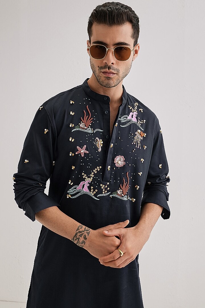 Navy Cotton & Satin Hand Embroidered Kurta Set by Komal Kothari at Pernia's Pop Up Shop