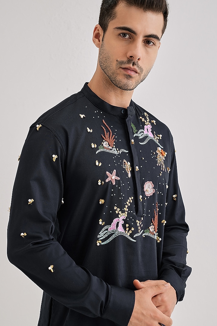 Navy Cotton & Satin Hand Embroidered Kurta Set by Komal Kothari at Pernia's Pop Up Shop