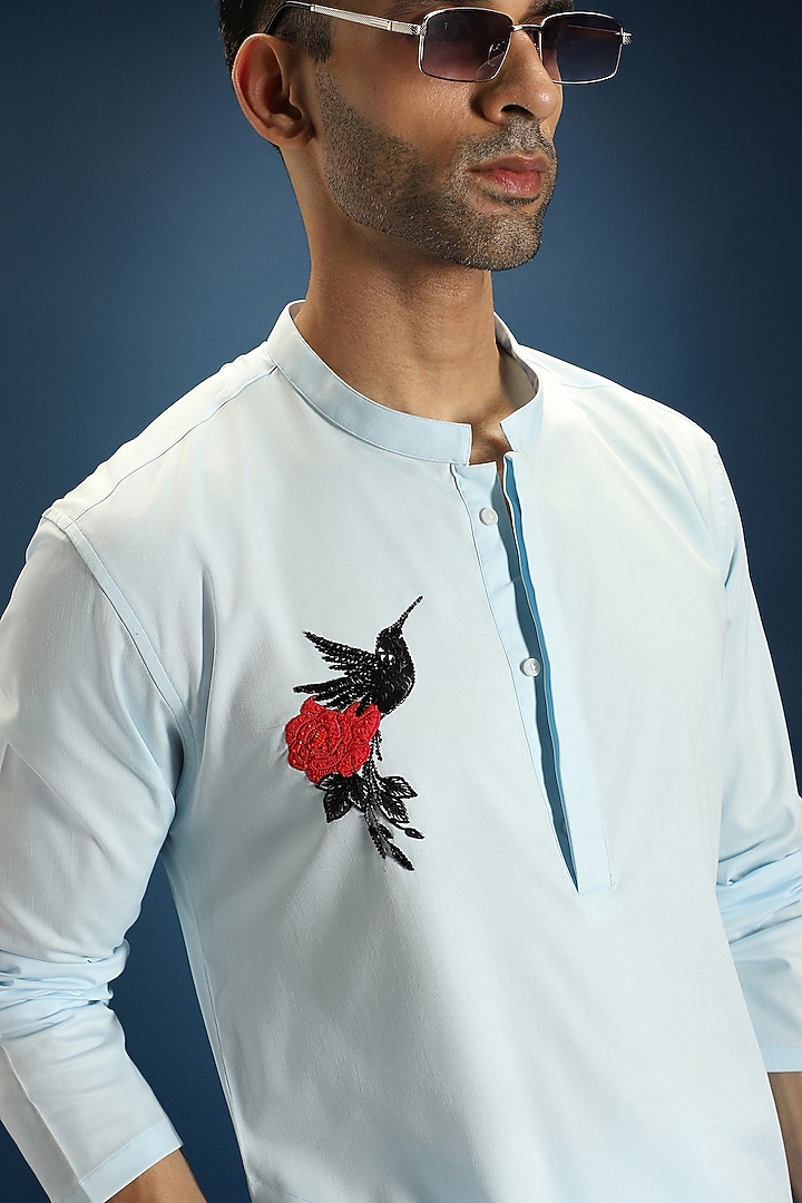 Sky Blue Cotton & Satin Hand Embroidered Kurta by Komal Kothari at Pernia's Pop Up Shop
