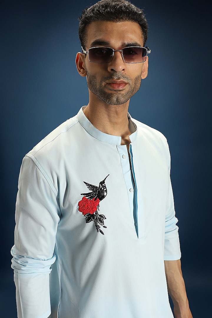 Sky Blue Cotton & Satin Hand Embroidered Kurta by Komal Kothari at Pernia's Pop Up Shop