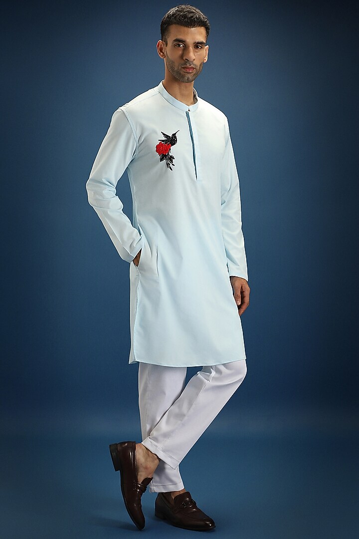 Sky Blue Cotton & Satin Hand Embroidered Kurta by Komal Kothari at Pernia's Pop Up Shop