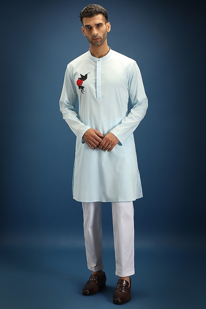 Sky Blue Cotton & Satin Hand Embroidered Kurta Set by Komal Kothari at Pernia's Pop Up Shop