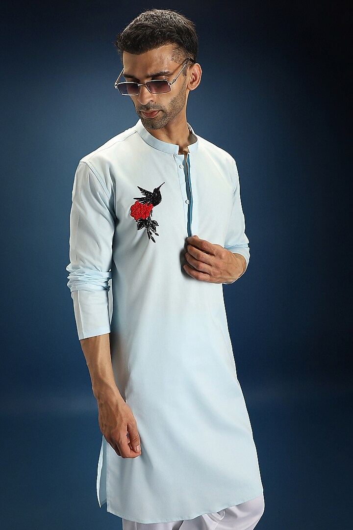 Sky Blue Cotton & Satin Hand Embroidered Kurta Set by Komal Kothari at Pernia's Pop Up Shop
