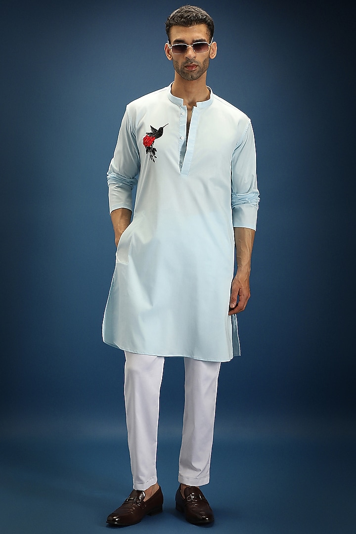 Sky Blue Cotton & Satin Hand Embroidered Kurta Set by Komal Kothari at Pernia's Pop Up Shop