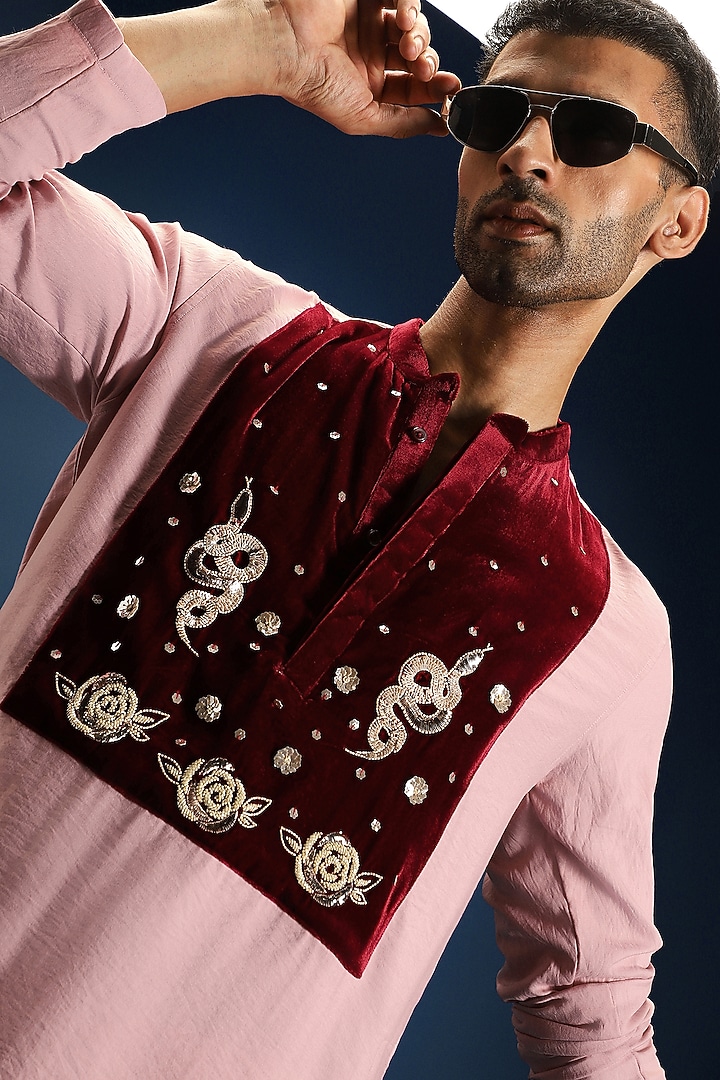 Pink Viscose Patch Hand Embroidered Kurta by Komal Kothari at Pernia's Pop Up Shop