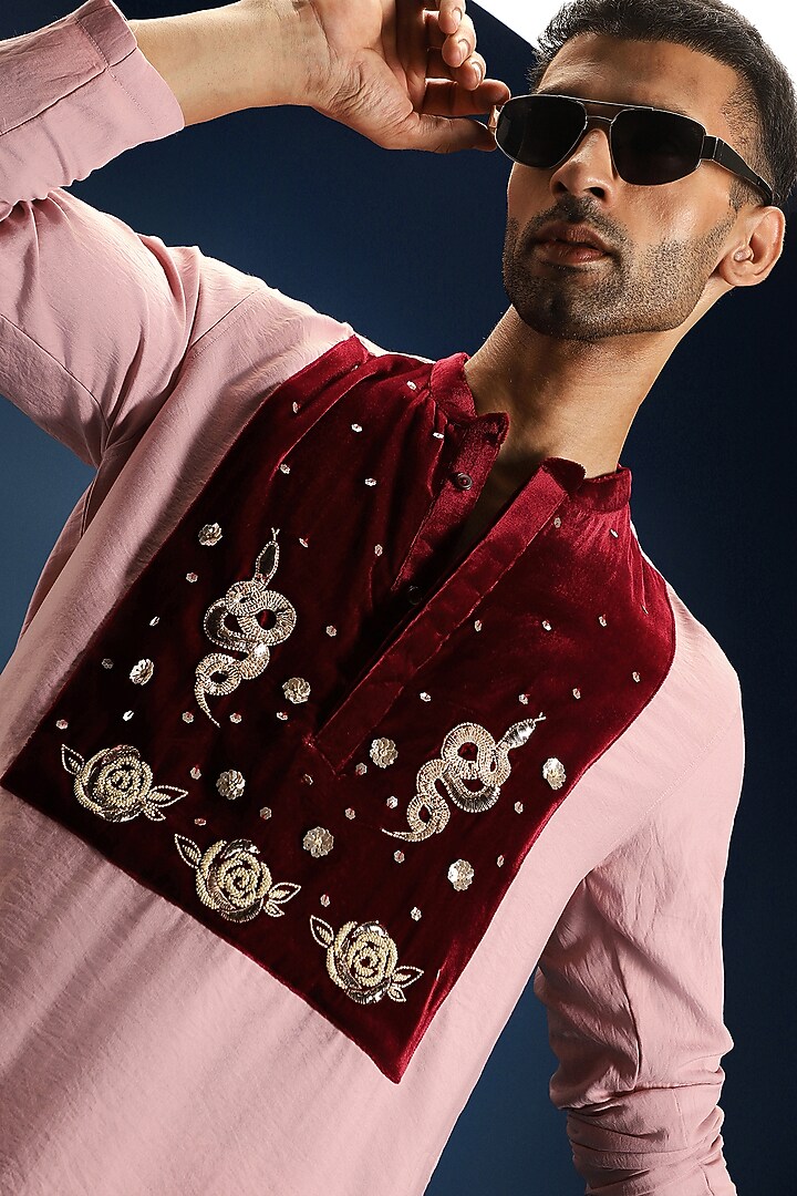 Pink Viscose Patch Hand Embroidered Kurta Set by Komal Kothari at Pernia's Pop Up Shop