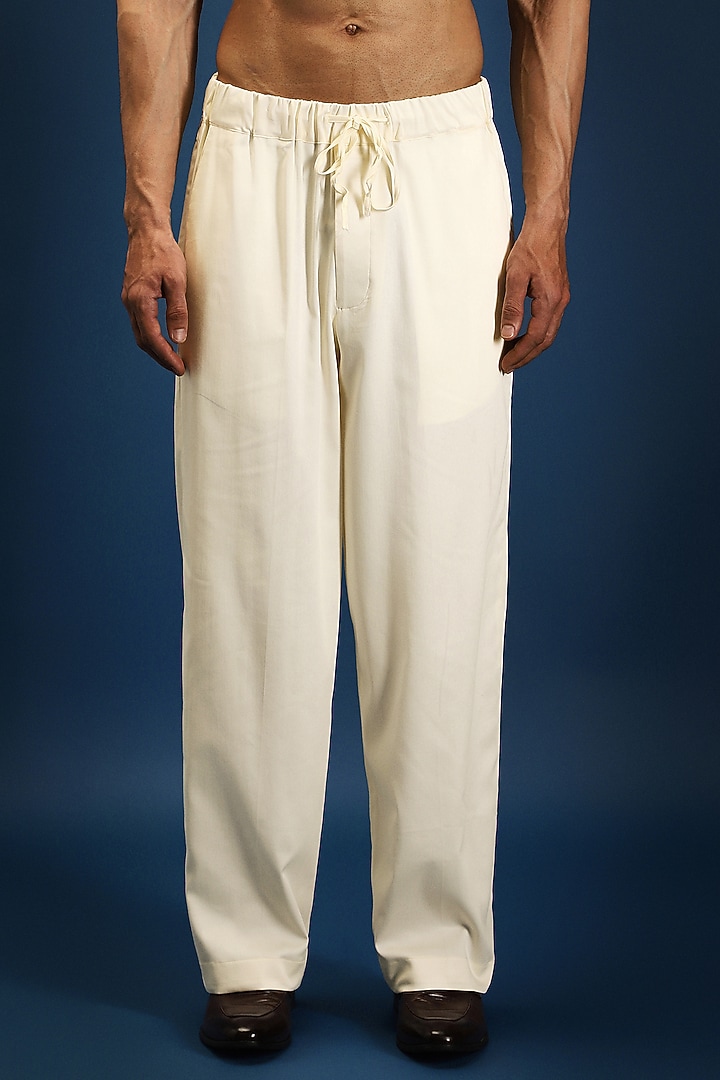 Ivory Cotton & Satin Straight Trousers by Komal Kothari at Pernia's Pop Up Shop