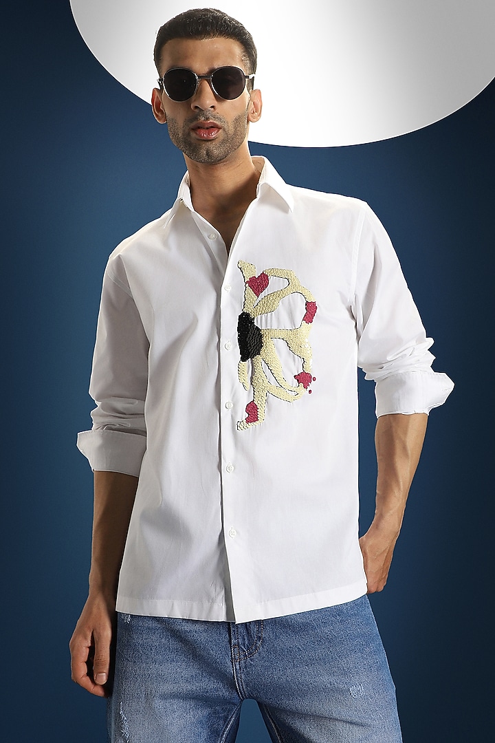 White Poplin & Cotton Hand Embroidered Party Wear Shirt by Komal Kothari at Pernia's Pop Up Shop