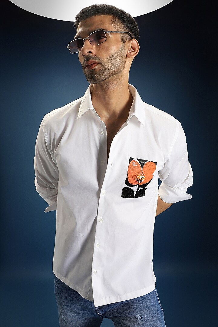 White Poplin & Cotton Hand Embroidered Party Wear Shirt by Komal Kothari at Pernia's Pop Up Shop
